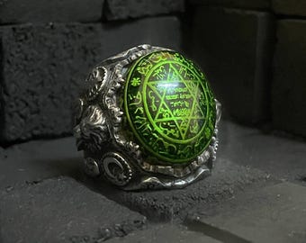 Seal of King Solomon, Green Amber Stone, Relief Lion Engraving, Ottoman Turkish Style, 925 Sterling Silver Mens Ring, Talisman, Gift for Him