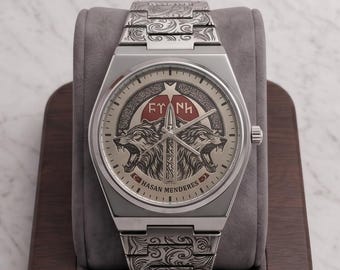 Custom 925 Sterling Silver Dial Wolf Watch, Engraved Revenge Theme, Personalized Mens WristWatch, Handcrafted Luxury Gift, Turkish Art
