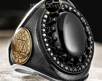 Seal of King Solomon Suleiman,Star of David,Engraved,Oval Case,Black Onyx Stone,Islamic Design,925 Sterling Silver Men&#39;s Ring,Handcarved