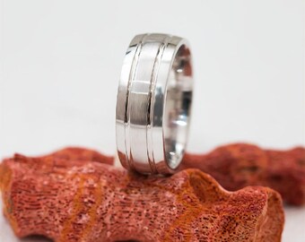 Rhodium Plated - Strip Motif 925 Sterling Silver Unisex Wedding Engagement Ring - Band