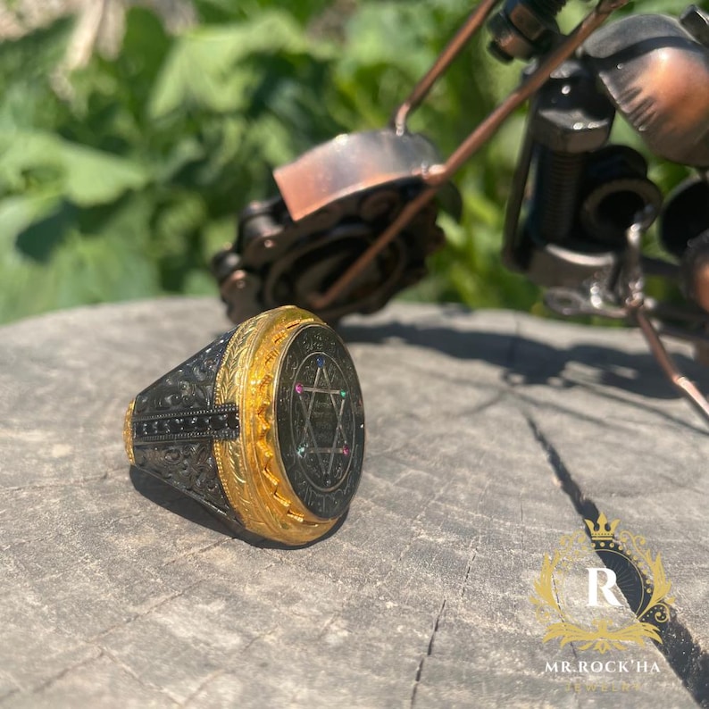 Seal Suleiman-Solomon,Star of David,Rhodium-Gold Plated,Zircon Stones,Handmade Craftsmanship,Engraving Art,925 STERLING Silver Mens Ring image 6