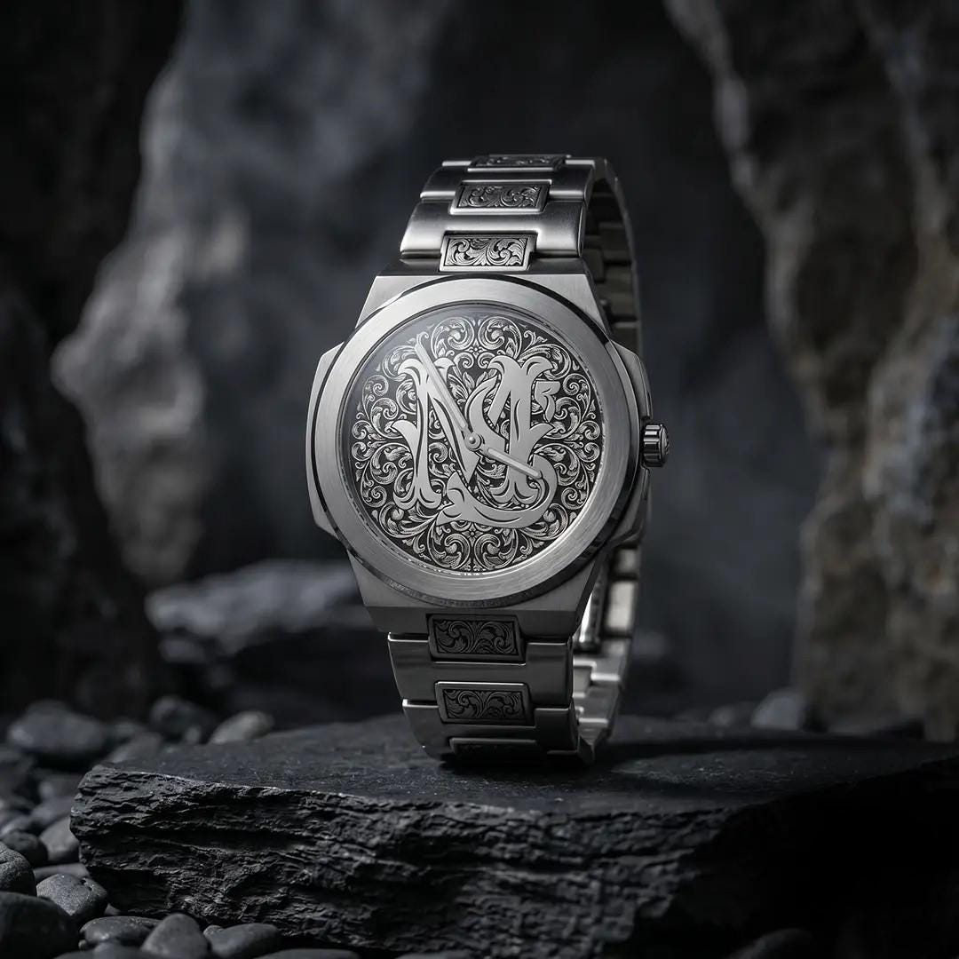 Custom Monogram Engraved Watch, Handcrafted Baroque Pattern Wristwatch ...