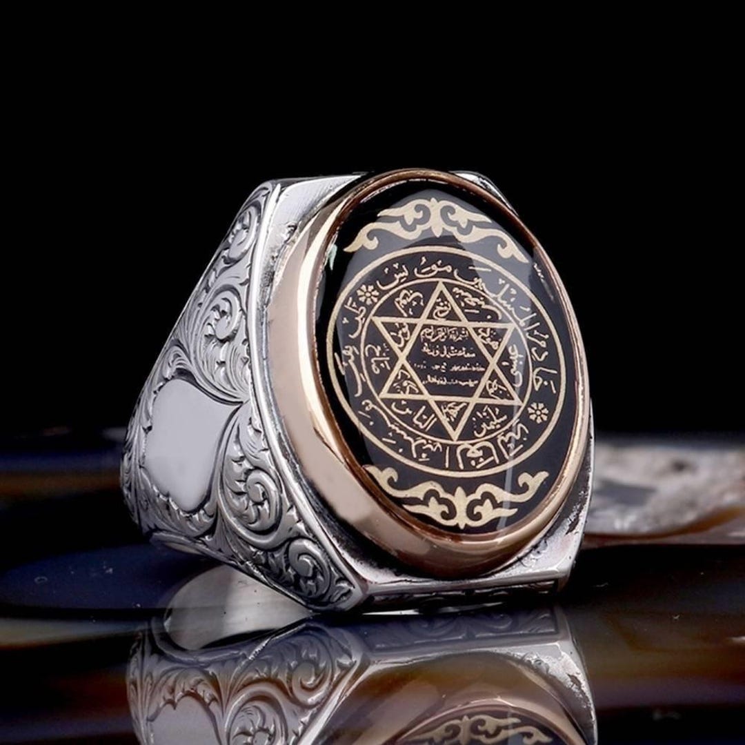 925 Silver Seal of Solomon Ring, Black Enamel Oval Ring, Ottoman