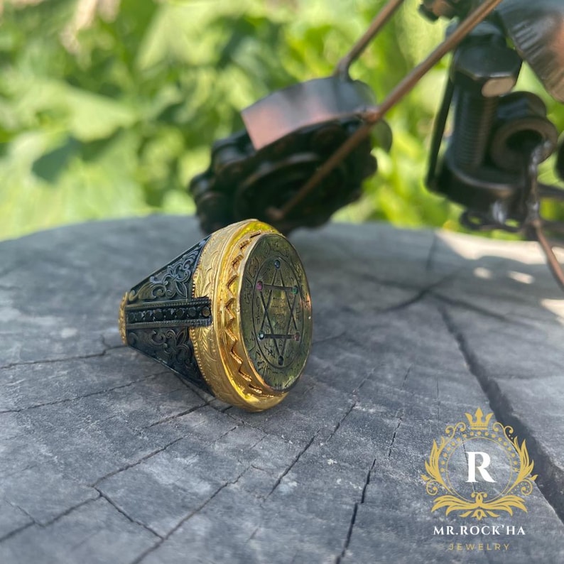 Seal Suleiman-Solomon,Star of David,Rhodium-Gold Plated,Zircon Stones,Handmade Craftsmanship,Engraving Art,925 STERLING Silver Mens Ring image 7