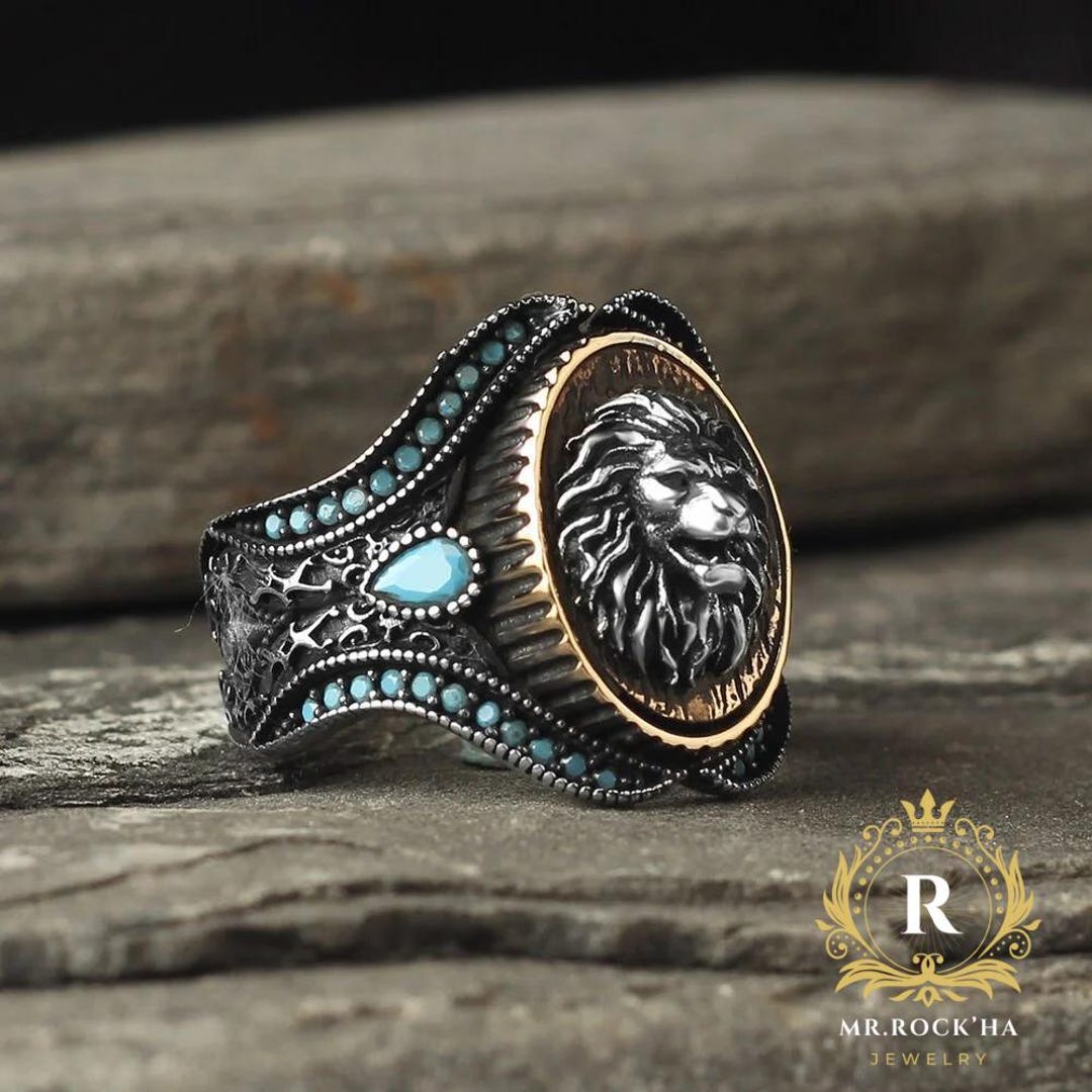 Anello Uomo Turco In Argento 925 | Inciso Figura Leone, Tutte Le Misure USA - Foto 6