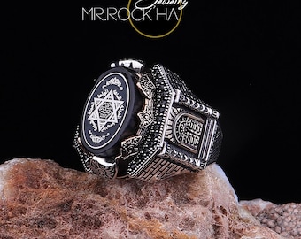 925 Sterling Silver Seal of Solomon Men's Ring: Black Amber Star of David, Handmade
