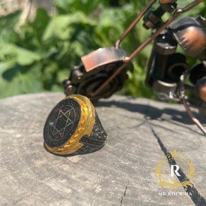 Seal Suleiman-Solomon,Star of David,Rhodium-Gold Plated,Zircon Stones,Handmade Craftsmanship,Engraving Art,925 STERLING Silver Mens Ring image 9