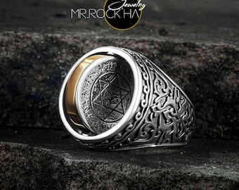 Seal of King Solomon,Star of David,Engraved,Silver Color,Flower Design On The Side,925 Sterling Silver Men&#39;s Ring,Rotating Case,Hand Carved