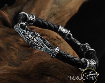 Türkis Stein 925 Sterling Silber Herren Armband: Gravierte Schwarze Leder Schnur