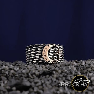 Anillo trenzado de punto para hombre en plata de ley 925, personalizable, con diseño de estrella y media luna, grabado a mano.