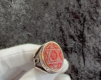 Seal Suleiman,Seal of Solomon,Star of David,Red Agate Natural Stone,Handmade Craftsmanship,Engraving Art,925 STERLING Silver Men&#39;s Ring