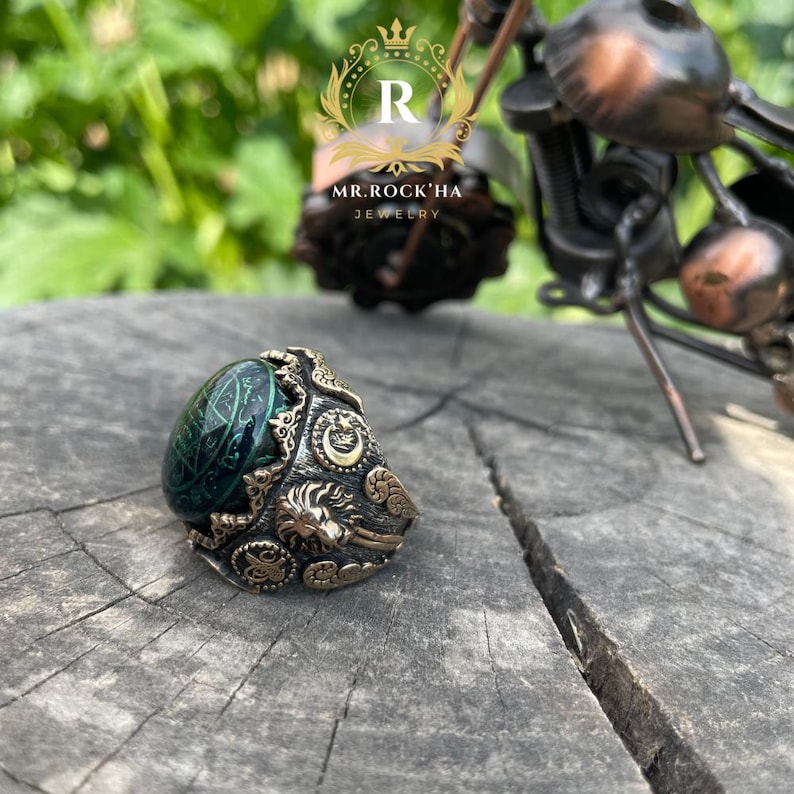 Seal of King Solomon,Star of David,Green Amber Stone,Relief Maned Lion Engraving Processing,925 Sterling Silver Mens Ring,Geniune Stone image 7