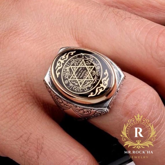 925 Silver Seal of Solomon Ring, Black Enamel Oval Ring, Ottoman