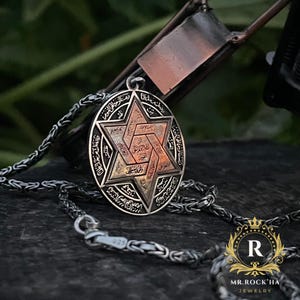 925 Sterling Silver Seal of Solomon Mens Necklace: Star of David, King Byzantine Chain