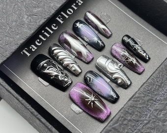 Handmade Resin Coffin Press On Nails: Chrome 3D Starburst Pearl Accents