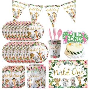 Wild One Pink Party Disposable Tableware Jungle Animal Dinnerware Paper Cup Plate Birthday Party Birthday Baby Shower Decorations Supplies