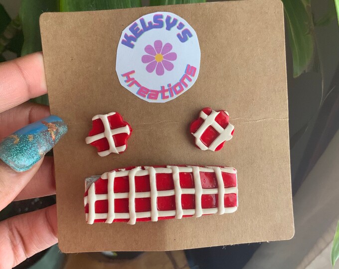 Red and White Plaid Stud Earrings and Hair Clip Set