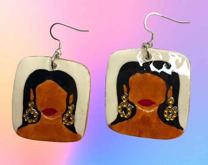 Hand Painted Girl Earrings With Gold Rhinestones