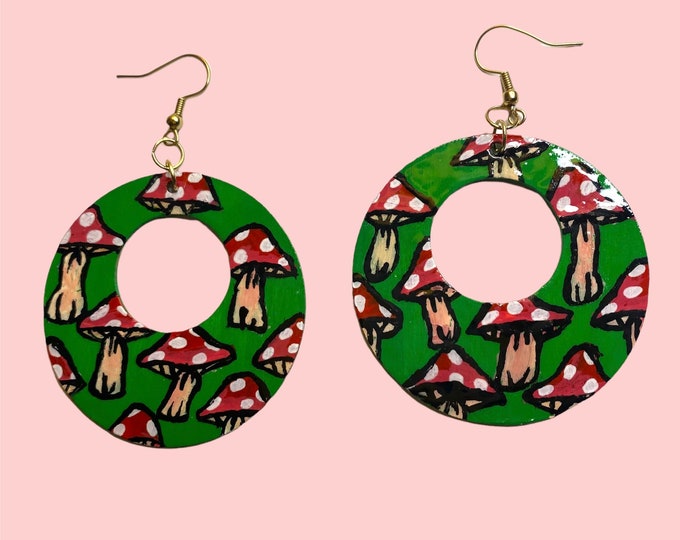 Green Earrings With Red Toadstools