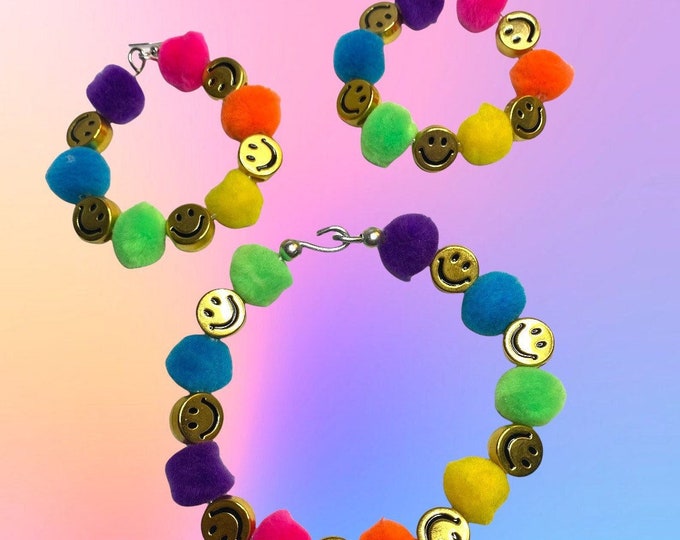 Rainbow Pom Pom Hoop Earrings and Bracelet Set