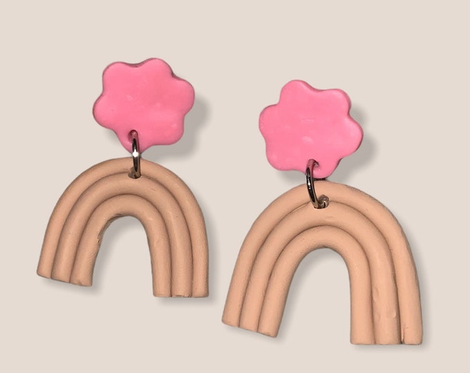 Pink Flower Stud Earrings With Nude Rainbows