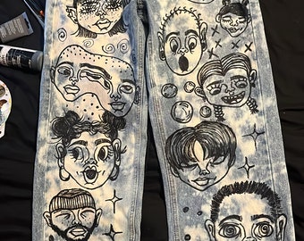 Hand Painted Faces Bleached High Waisted Jeans