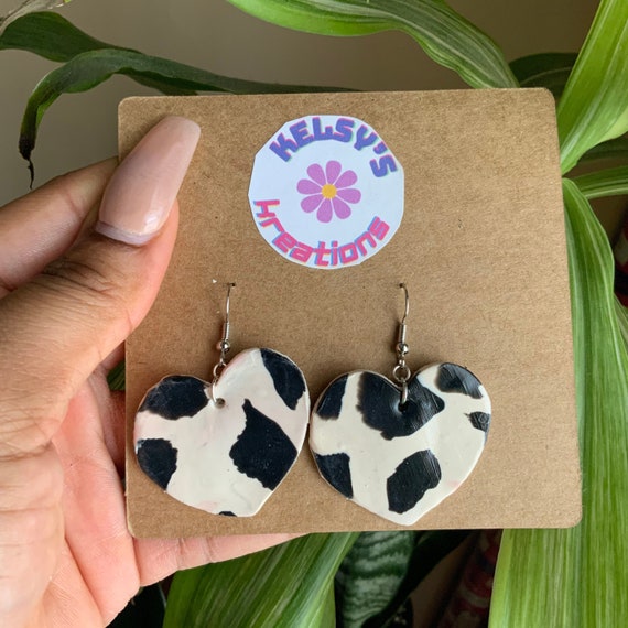 Cow print heart earrings discount