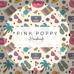 May include: A repeating pattern with summer-themed illustrations. The design includes pink flamingos, cocktails, sunglasses, palm trees, and radios. The text "PINK POPPY Handmade" is centered in a white circle.