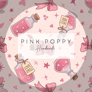 Seamless Pattern Pink Potion Bottle – Love Spell & Sweet Hex Digital Paper with Bows, Hearts Digital Paper - 300 DPI PNG Repeat Pattern