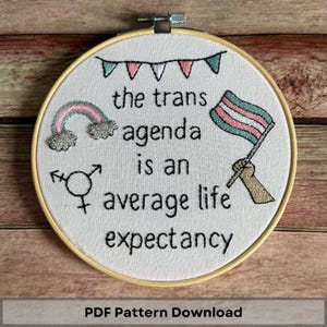 May include: Embroidered hoop art with the text "the trans agenda is an average life expectancy". The hoop features a rainbow, a transgender flag, and a gender symbol.