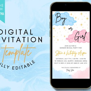 Gender Reveal Ideas, Baby Gender Reveal Party Blue and Pink, Gender Announcement Digital, Digital Gender Reveal Invitation, Reveal Party