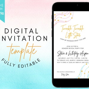 Twinkle Twinkle Little Star Gender Reveal, Gender Reveal Ideas, Baby Gender Reveal Party Blue and Pink, Gender Announcement Digital, Reveal