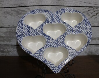 Blue Heart Sponge Ware Ceramic 6 Mold Muffin Cupcake Pan