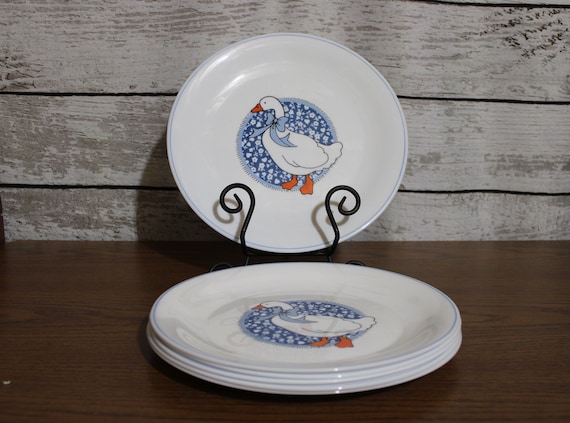 Lot De 6 Assiettes Plates Arcopal Vintage – Motif Oignons Bleus, France 1980