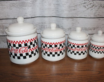 Ceramic CoCa Cola Gibson Set of 4 Canisters with Lids 1997 Storage Containers Kitchen Decor