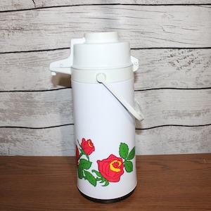 Vintage Air Pot, Automatic Vacuum Dispensing Thermos, Coffee or Tea, Red Rose Floral Design, Lazy Susan Swivel Base