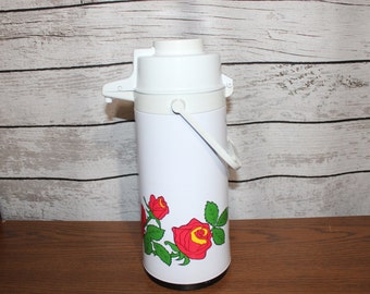 Vintage Air Pot, Automatic Vacuum Dispensing Thermos, Coffee or Tea, Red Rose Floral Design, Lazy Susan Swivel Base