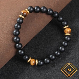 Matte Black Onyx and Tiger Eye Bracelet Bracelet for Men Gemstone Bracelet Stretch Bracelet Healing Bracelet