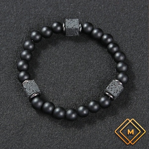 Matte Black Onyx and Cube Lava Bracelet, Mens Bracelet, Womens Bracelet, Stretch Bracelet, Gemstone Bracelet, Healing Bracelet
