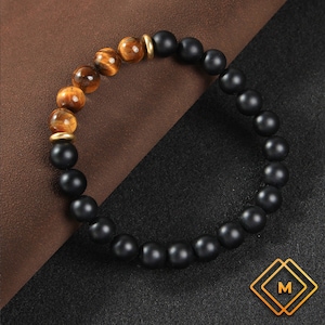 Strength Matte Black Onyx and Tiger Eye Bracelet Mens Bracelet Stretch Bracelet Gemstone Bracelet
