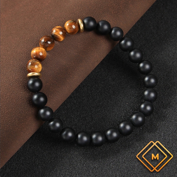 Strength Matte Black Onyx and Tiger Eye Bracelet Mens Bracelet Stretch Bracelet Gemstone Bracelet