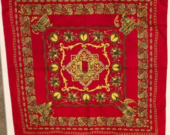 Scarf, Red Gold Scenic Paris Vintage Scarf Silk 35” x 35”