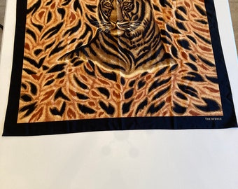 Scarf, Black Brown Tiger Vintage Square Scarf Polyester 34” x 34”