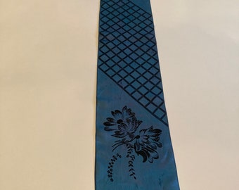 Scarf, Blue Floral Lattice Grid Vintage Scarf Silk with fringe edges 36” x 6”
