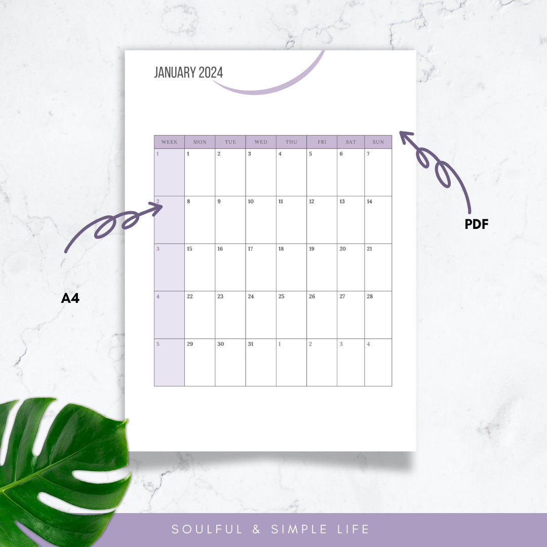 2024 Monthly Calendar, Printable Calendar Template, Minimalist Calendar, Year Calendar, Monthly
