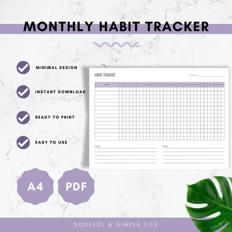 Monthly Habit Tracker Printable | Minimalist A4 PDF | Simple Stylish ...
