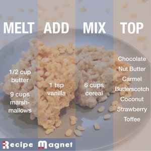 Pode incluir: Uma receita para fazer um doce de cereal e marshmallow com instru&ccedil;&otilde;es para derreter 1/2 x&iacute;cara de manteiga, adicionar 1 colher de ch&aacute; de baunilha, misturar 6 x&iacute;caras de cereal e cobrir com chocolate, manteiga de amendoim, caramelo, caramelo de manteiga, coco, morango ou caramelo.