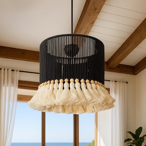 Modern Boho Chandelier,Handmade Tassel Pendant Lamp,Woven Macrame Ceiling Light,Patio Decor,Bohemian Lamp