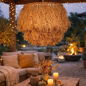 Lámpara de araña bohemia de rafia, lámpara colgante grande con flecos, lámpara de techo natural hecha a mano, iluminación bohemia costera, decoración para sala de estar
