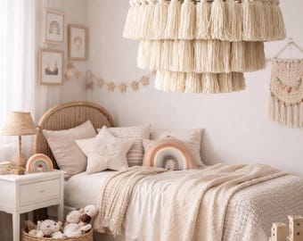 Cream Macrame Chandelier,Large Boho Tassel Pendant Light,Handmade Ceiling Lamp,Neutral Bohemian Lighting,Living Room Decor,Baby Room Light